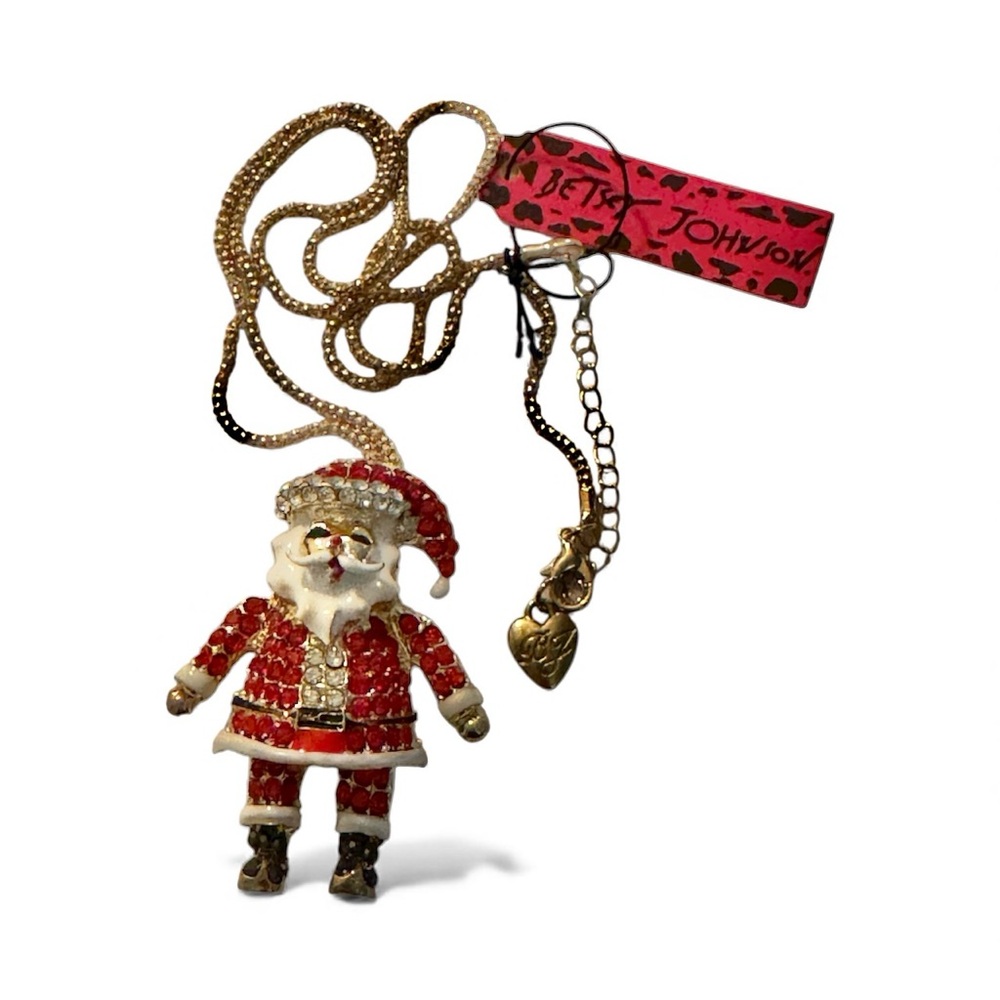 NWT Betsey Johnson Santa Rhinestone Pendant Necklace with Red and Gold Accents
